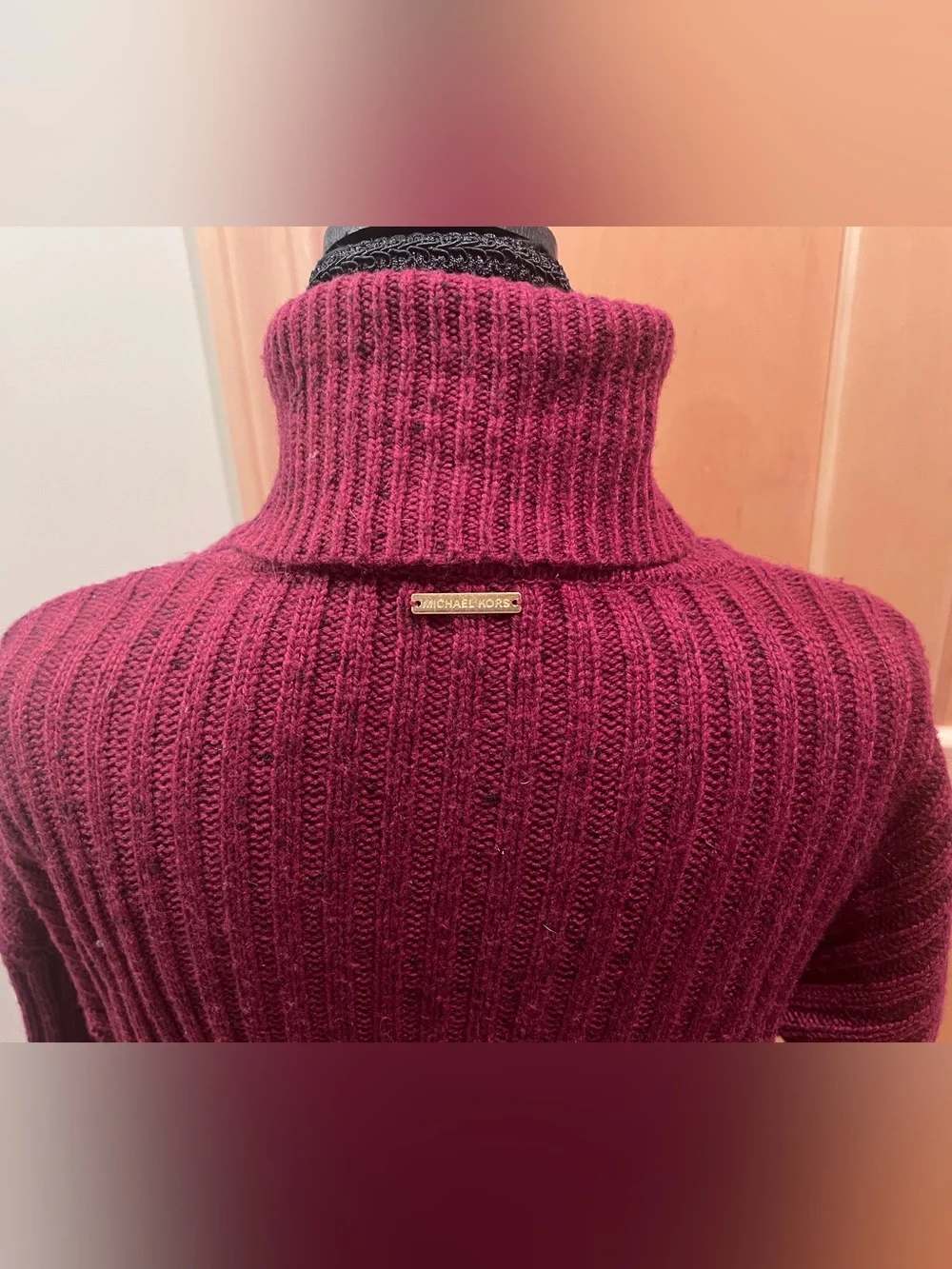 Michael Kors Women Preppy Burgundy Ribbed Turtleneck Sweater Classic Academia XS